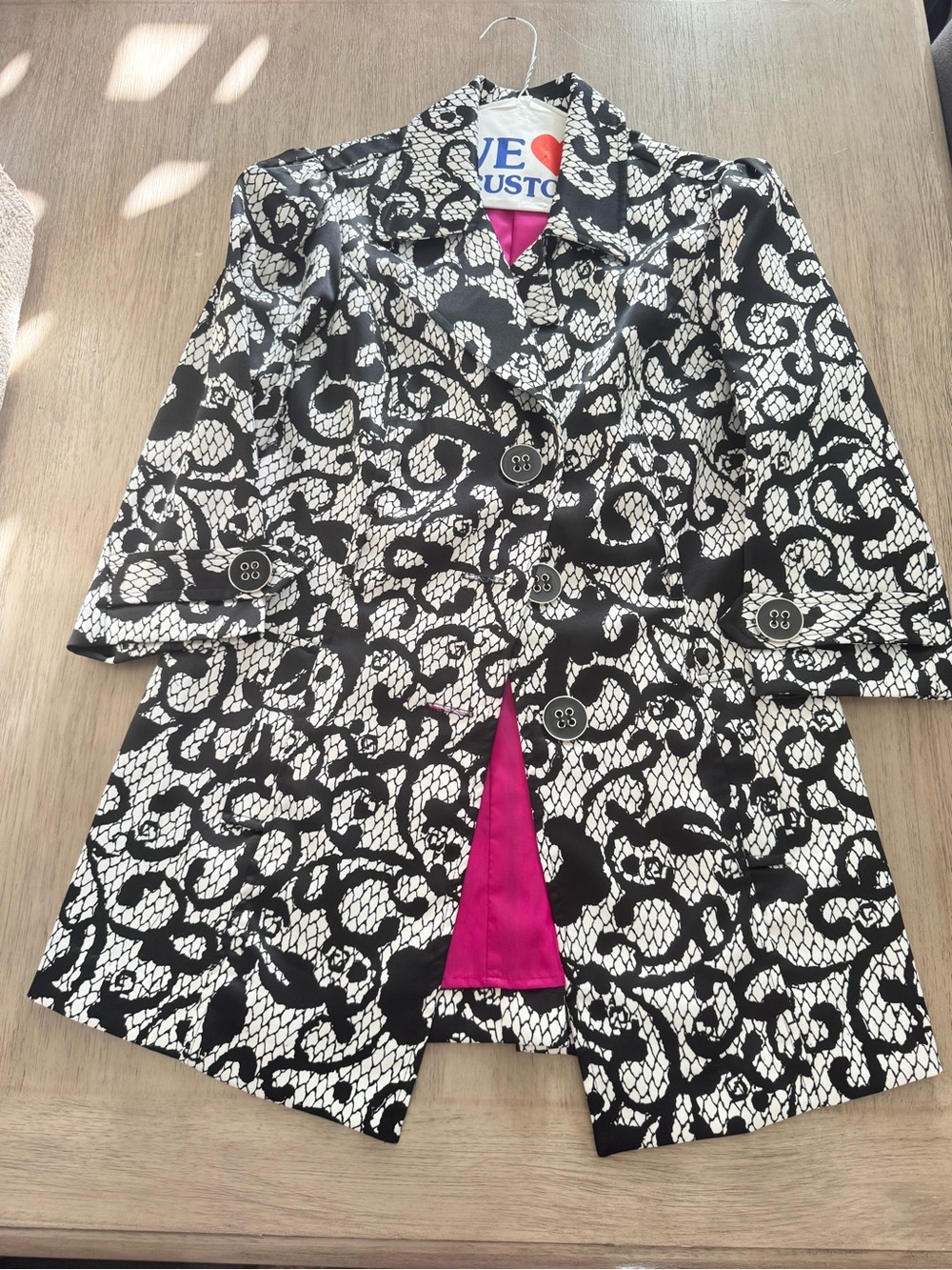 Trixxi Women’s Black White Floral Lace Print Blazer Jacket Pink Satin Lining